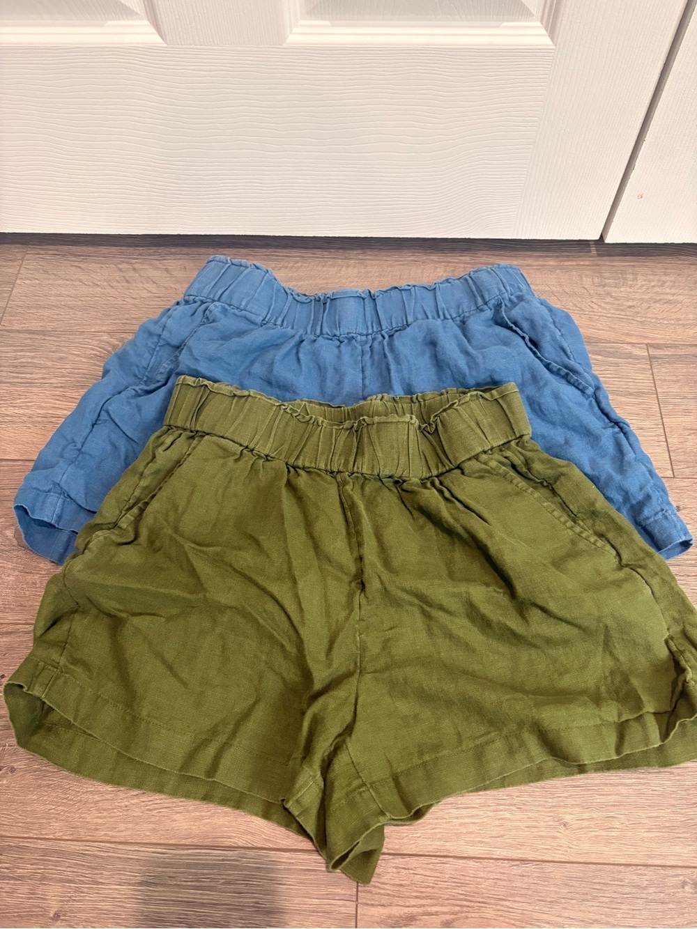 J. Crew High-Waist 100% Linen Shorts in Olive Green & Slate Blue